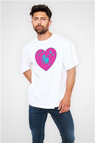 Aslan Burcu Baskılı Beyaz Unisex Oversize Tişört - Tshirt