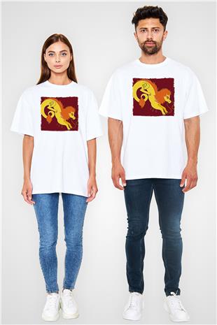 Aslan Burcu Baskılı Beyaz Unisex Oversize Tişört - Tshirt