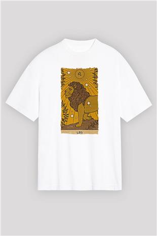 Aslan Burcu Baskılı Beyaz Unisex Oversize Tişört - Tshirt