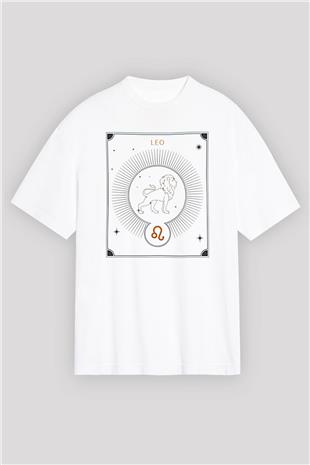Aslan Burcu Baskılı Beyaz Unisex Oversize Tişört - Tshirt