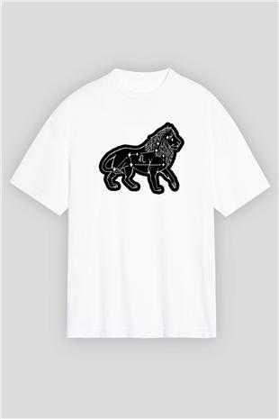 Aslan Burcu Baskılı Beyaz Unisex Oversize Tişört - Tshirt