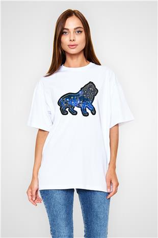 Aslan Burcu Baskılı Beyaz Unisex Oversize Tişört - Tshirt