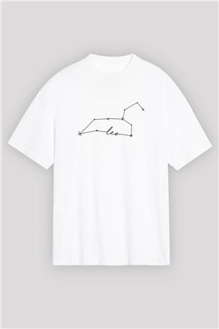 Aslan Burcu Baskılı Beyaz Unisex Oversize Tişört - Tshirt