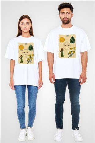 Aslan Burcu Baskılı Beyaz Unisex Oversize Tişört - Tshirt