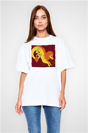 Aslan Burcu Baskılı Beyaz Unisex Oversize Tişört - Tshirt