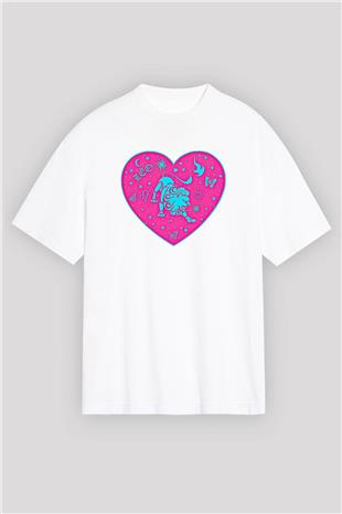 Aslan Burcu Baskılı Beyaz Unisex Oversize Tişört - Tshirt