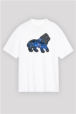 Aslan Burcu Baskılı Beyaz Unisex Oversize Tişört - Tshirt