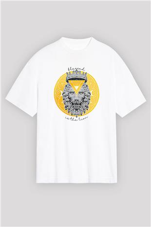 Aslan Burcu Baskılı Beyaz Unisex Oversize Tişört - Tshirt