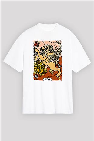 Aslan Burcu Baskılı Beyaz Unisex Oversize Tişört - Tshirt
