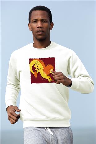 Aslan Burcu Baskılı Beyaz Unisex Sweatshirt