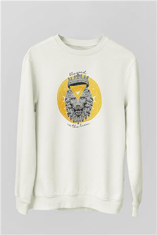 Aslan Burcu Baskılı Beyaz Unisex Sweatshirt