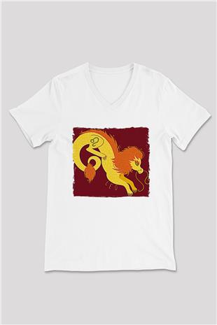 Aslan Burcu Baskılı Beyaz Unisex V Yaka Tişört - Tshirt