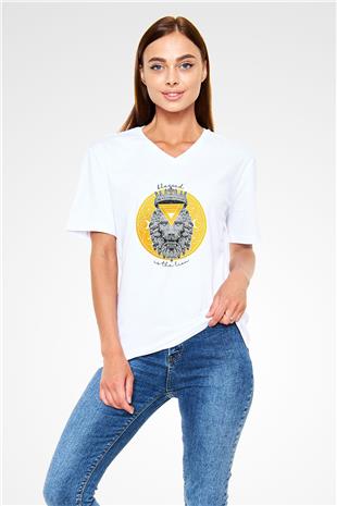 Aslan Burcu Baskılı Beyaz Unisex V Yaka Tişört - Tshirt