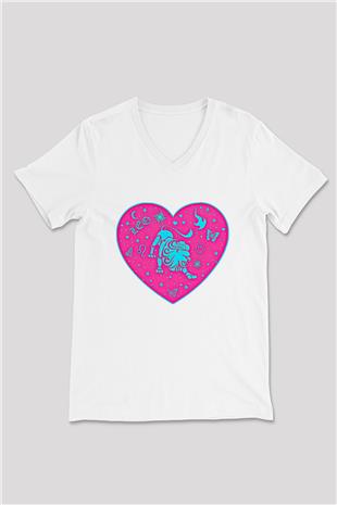 Aslan Burcu Baskılı Beyaz Unisex V Yaka Tişört - Tshirt