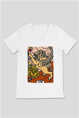 Aslan Burcu Baskılı Beyaz Unisex V Yaka Tişört - Tshirt