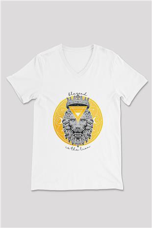 Aslan Burcu Baskılı Beyaz Unisex V Yaka Tişört - Tshirt