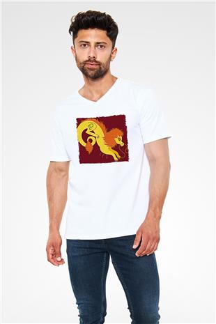 Aslan Burcu Baskılı Beyaz Unisex V Yaka Tişört - Tshirt