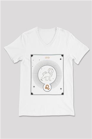 Aslan Burcu Baskılı Beyaz Unisex V Yaka Tişört - Tshirt