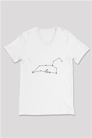 Aslan Burcu Baskılı Beyaz Unisex V Yaka Tişört - Tshirt