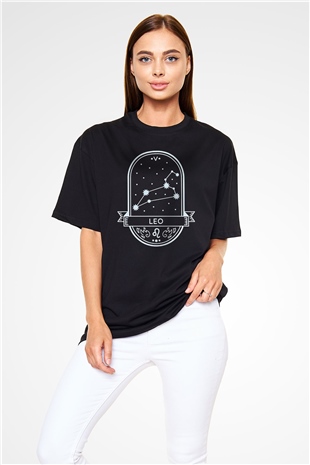 Aslan Burcu Baskılı Unisex Siyah Oversize Tişört - Tshirt