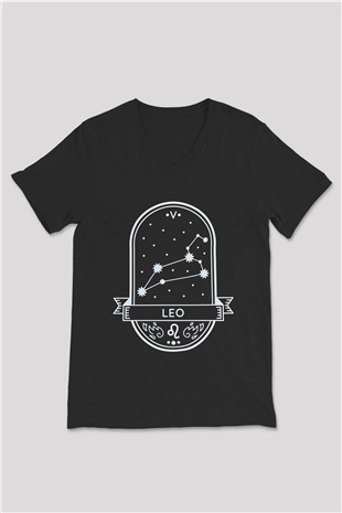 Aslan Burcu Baskılı Unisex Siyah V Yaka Tişört - Tshirt