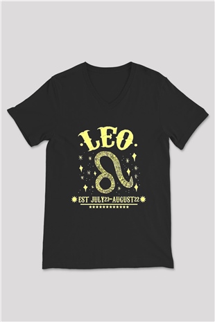 Aslan Burcu Baskılı Unisex Siyah V Yaka Tişört - Tshirt
