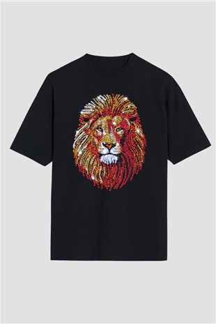 Aslan Siyah Unisex Oversize Tişört T-Shirt