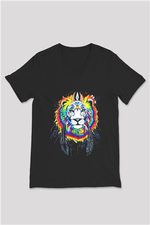 Aslan Siyah Unisex V Yaka Tişört T-Shirt