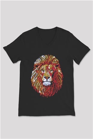Aslan Siyah Unisex V Yaka Tişört T-Shirt