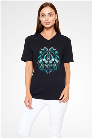 Aslan Siyah Unisex V Yaka Tişört T-Shirt