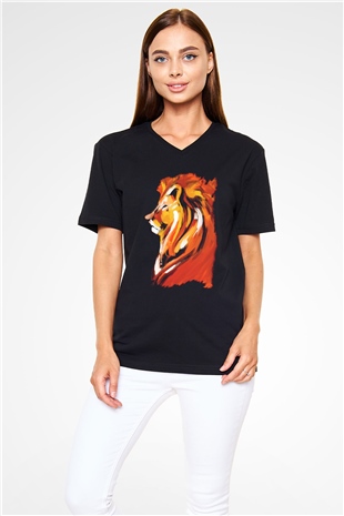 Aslan Siyah Unisex V Yaka Tişört T-Shirt