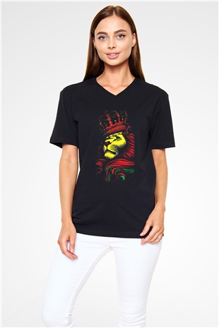 Aslan Siyah Unisex V Yaka Tişört T-Shirt