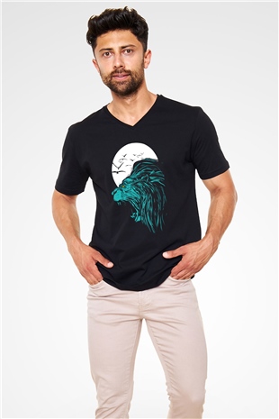 Aslan Siyah Unisex V Yaka Tişört T-Shirt
