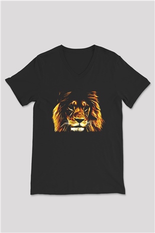 Aslan Siyah Unisex V Yaka Tişört T-Shirt