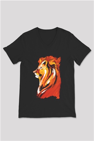 Aslan Siyah Unisex V Yaka Tişört T-Shirt
