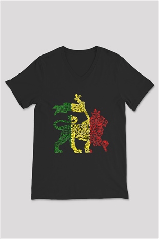 Aslan Siyah Unisex V Yaka Tişört T-Shirt