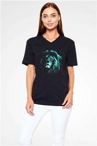 Aslan Siyah Unisex V Yaka Tişört T-Shirt