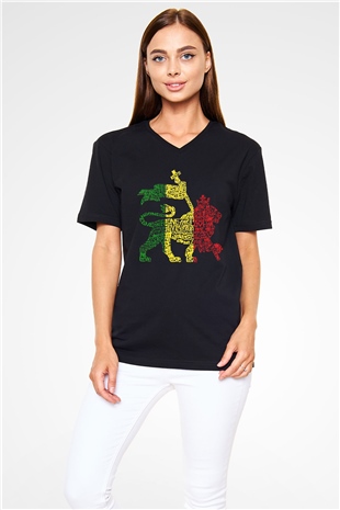 Aslan Siyah Unisex V Yaka Tişört T-Shirt