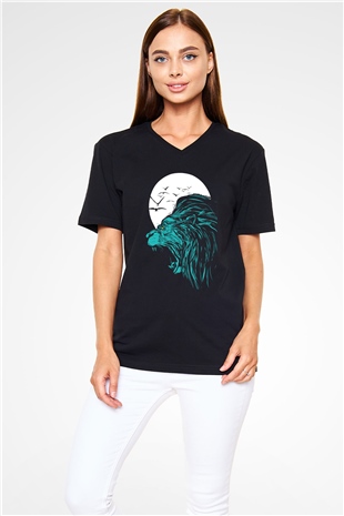 Aslan Siyah Unisex V Yaka Tişört T-Shirt