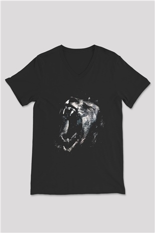 Aslan Siyah Unisex V Yaka Tişört T-Shirt