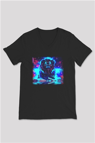 Aslan Siyah Unisex V Yaka Tişört T-Shirt
