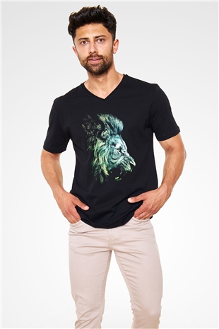 Aslan Siyah Unisex V Yaka Tişört T-Shirt