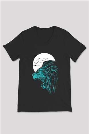 Aslan Siyah Unisex V Yaka Tişört T-Shirt