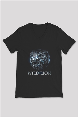 Aslan Siyah Unisex V Yaka Tişört T-Shirt