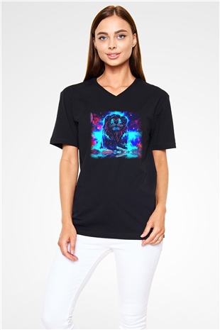 Aslan Siyah Unisex V Yaka Tişört T-Shirt