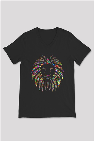 Aslan Siyah Unisex V Yaka Tişört T-Shirt