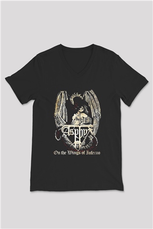 Asphyx Baskılı Unisex Siyah V Yaka Tişört - Tshirt