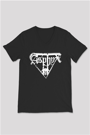 Asphyx Baskılı Unisex Siyah V Yaka Tişört - Tshirt