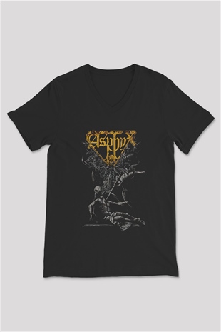 Asphyx Baskılı Unisex Siyah V Yaka Tişört - Tshirt