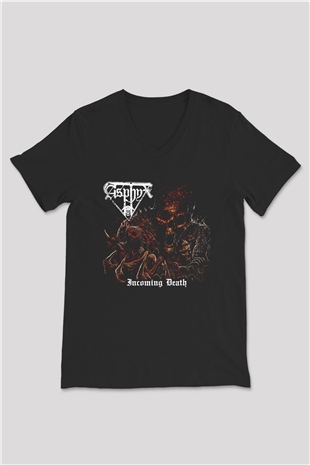 Asphyx Baskılı Unisex Siyah V Yaka Tişört - Tshirt